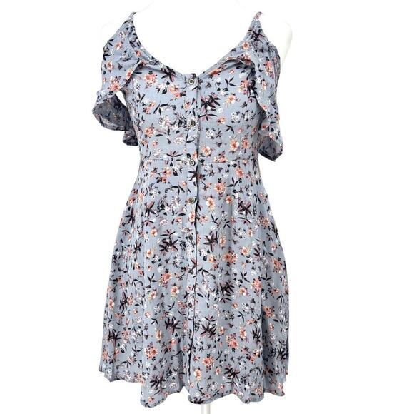 ASTR The Label Cold Shoulder Floral Dress Size S Blue Button Front Ruffle EUC - Picture 1 of 11